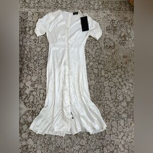 The Kooples White Satin Midi Dress with Button Front